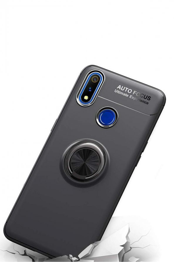 Microcase Realme 3 Pro Focus Serisi Yüzük Standlı Silikon Kılıf - Siyah - 3