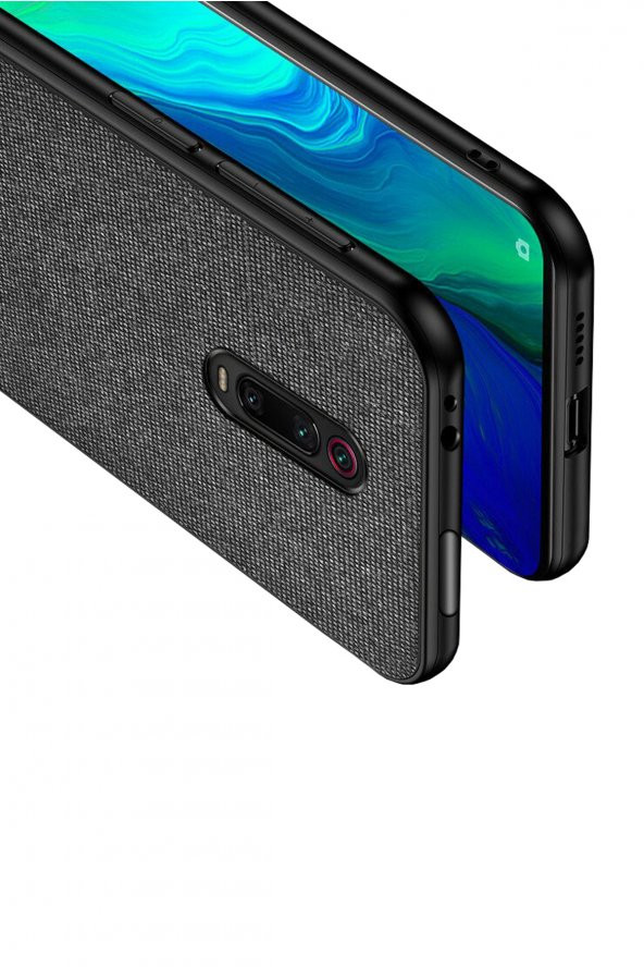 Microcase Xiaomi Mi 9T - Mi 9T Pro Fabrik Serisi Kumaş ve Deri Desen Kılıf - Siyah - 3