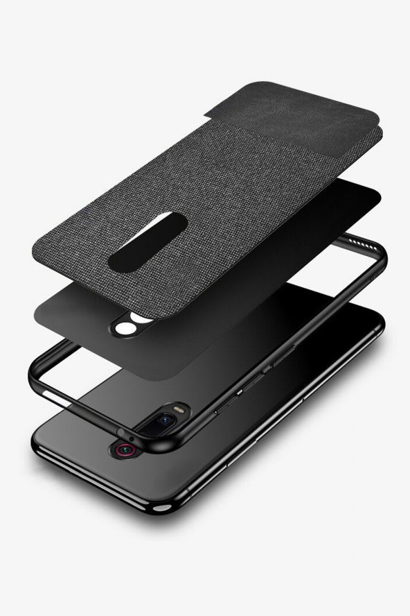 Microcase Xiaomi Mi 9T - Mi 9T Pro Fabrik Serisi Kumaş ve Deri Desen Kılıf - Siyah - 4