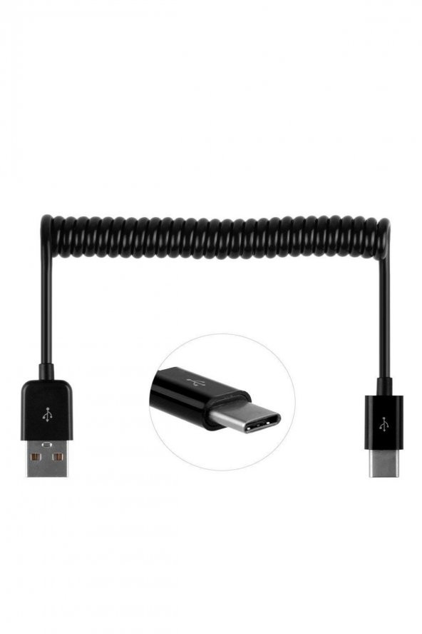 TYPE-C Spiral Uzayan USB Hızlı Şarj Data Transfer USB Kablo 1m - Siyah