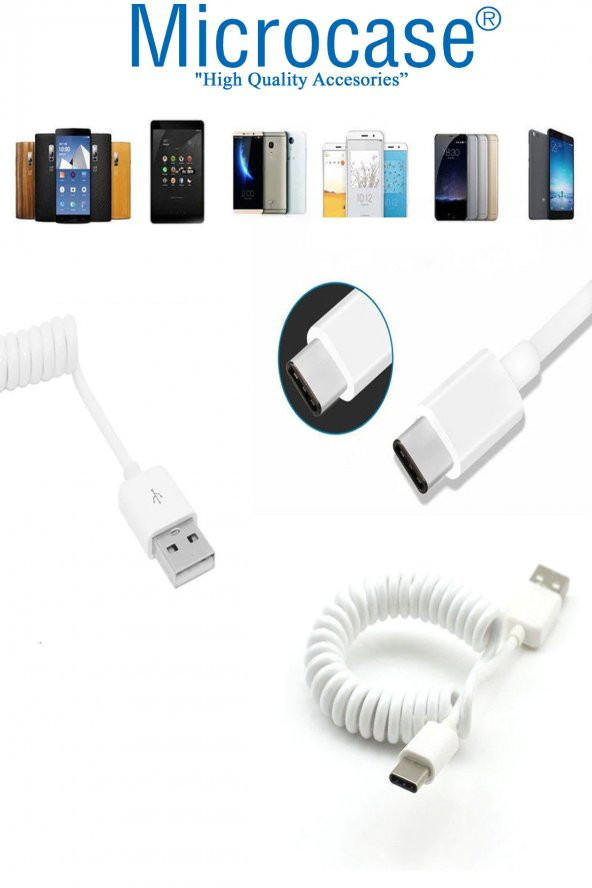 TYPE-C Spiral Uzayan USB Hızlı Şarj Data Transfer USB Kablo 1m - Beyaz - 2