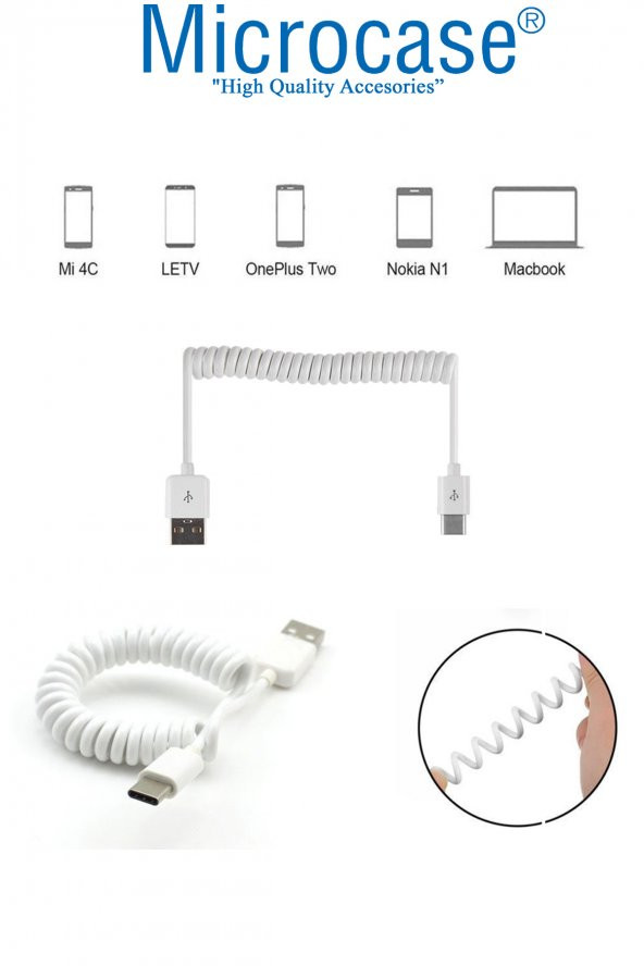 TYPE-C Spiral Uzayan USB Hızlı Şarj Data Transfer USB Kablo 1m - Beyaz - 3