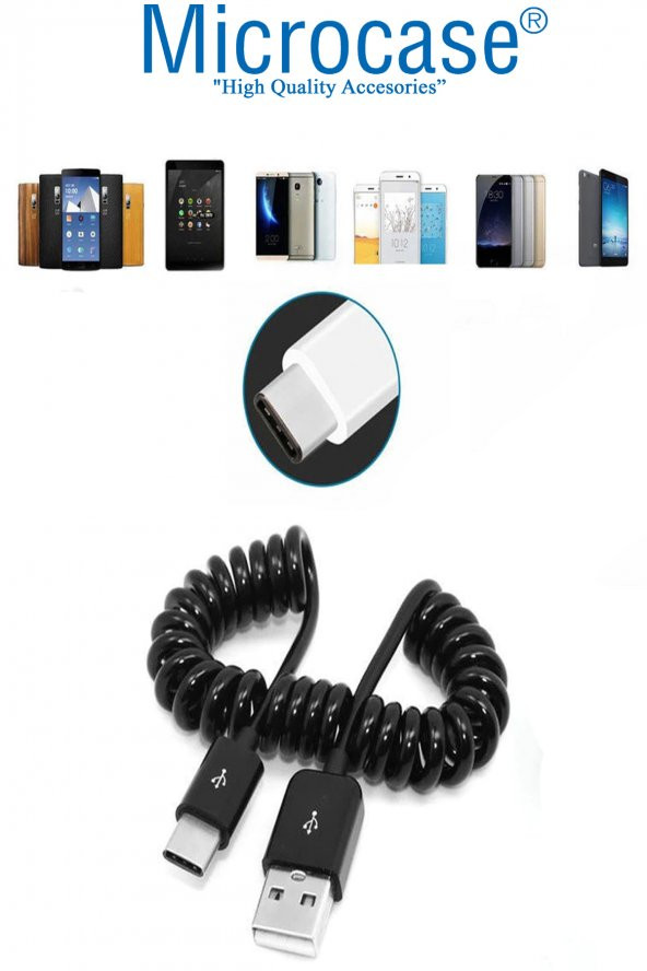 TYPE-C Spiral Uzayan USB Hızlı Şarj Data Transfer USB Kablo 1m - Siyah - 2