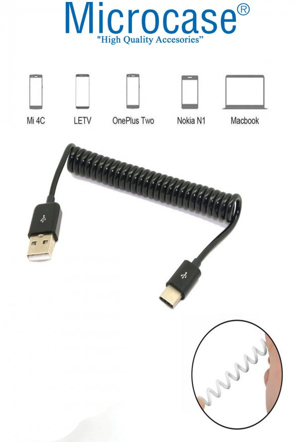 TYPE-C Spiral Uzayan USB Hızlı Şarj Data Transfer USB Kablo 1m - Siyah - 3