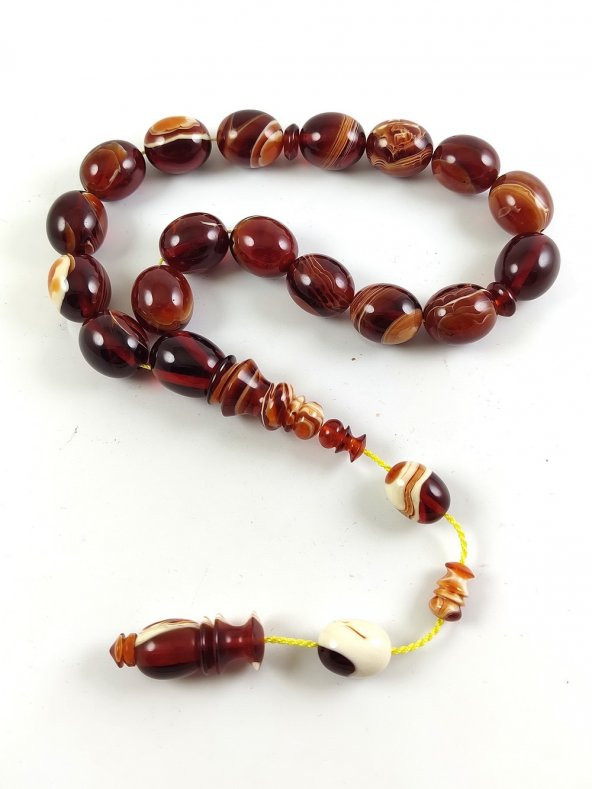 Kahve Beyaz Hareli Sıkma Kehribar 17 li Efe Tesbih - 2