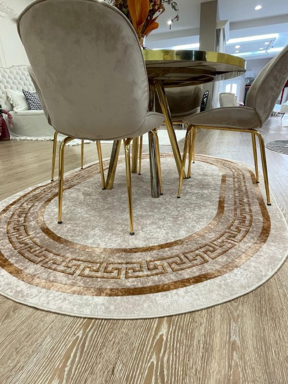 Klasik Desen Oval Clorisa Çizgili Lateks Deri Taban Saçaksız Salon Halısı  Kahverengi 160 x 230 - 2