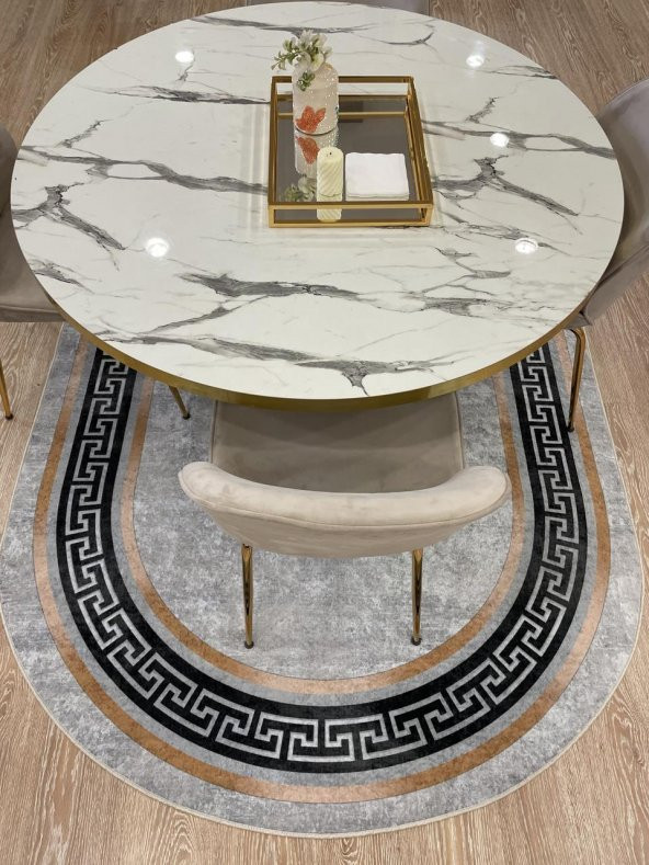 Klasik Desen Oval Clorisa Çizgili Lateks Deri Taban Saçaksız Salon Halısı  Gri 130 x 190 - 2