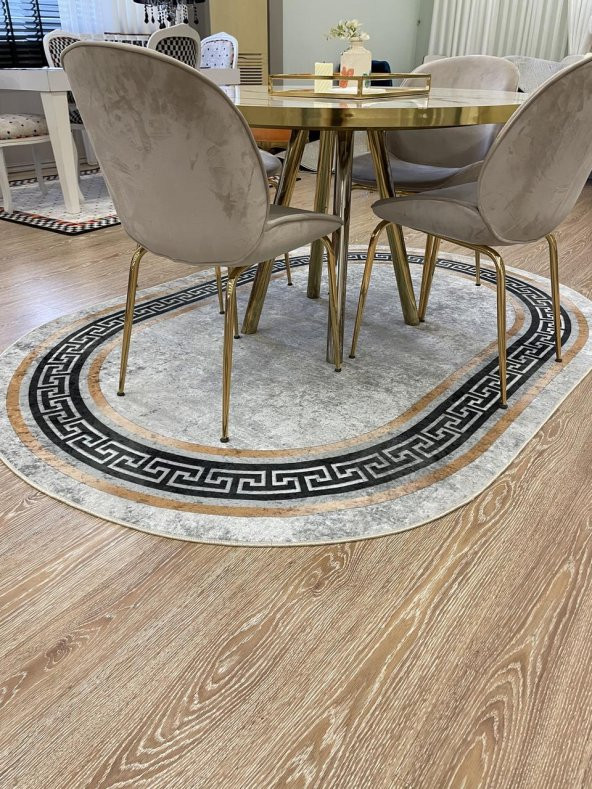 Klasik Desen Oval Clorisa Çizgili Lateks Deri Taban Saçaksız Salon Halısı  Gri 130 x 190 - 3
