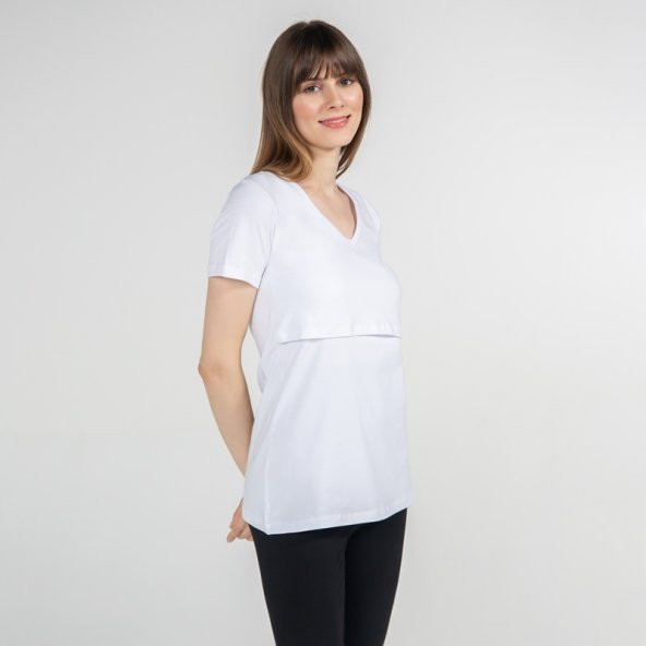 Funna Mamma 7638 V-Yaka Emzirme T-Shirt - Nora - Beyaz / S Beden