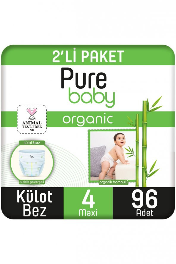 Pure Baby Organik Bambu Özlü Külot Bez Pure Baby 2li Paket 4 Numara Maxi 96 Adet