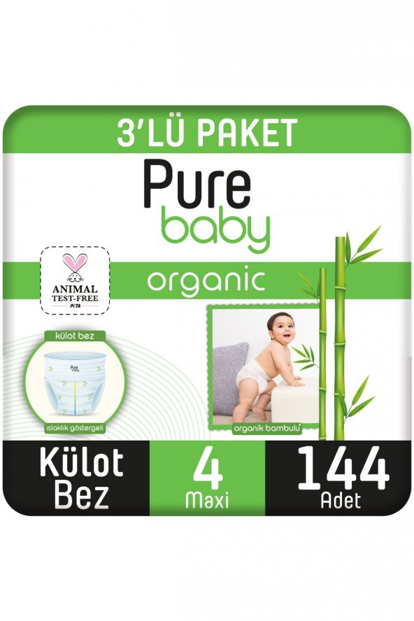 Pure Baby Organik Bambu Özlü Külot Bez 3Lü Paket 4 Numara Maxi 144 Adet