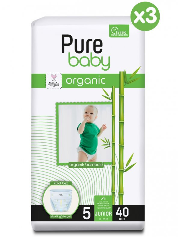 Pure Baby Organik Bambu Özlü Külot Bez 3Lü Paket 5 Numara Junior 120 Adet - 3