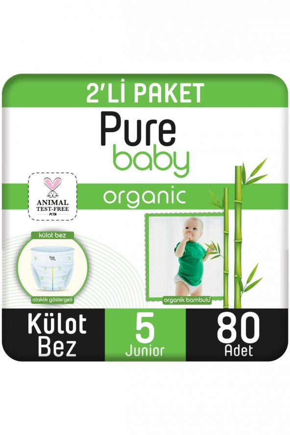 Pure Baby Organik Bambu Özlü Külot Bez Pure Baby 2li Paket 5 Numara Junior 80 Adet