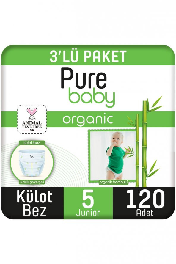 Pure Baby Organik Bambu Özlü Külot Bez 3Lü Paket 5 Numara Junior 120 Adet