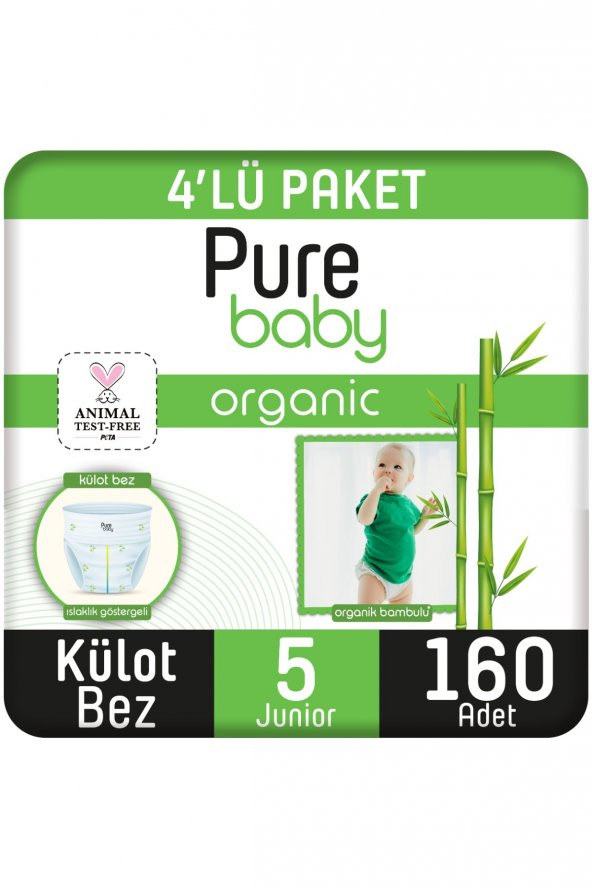 Pure Baby Organik Bambu Özlü Külot Bez Pure Baby 4Lü Paket 5 Numara Junior 160 Adet