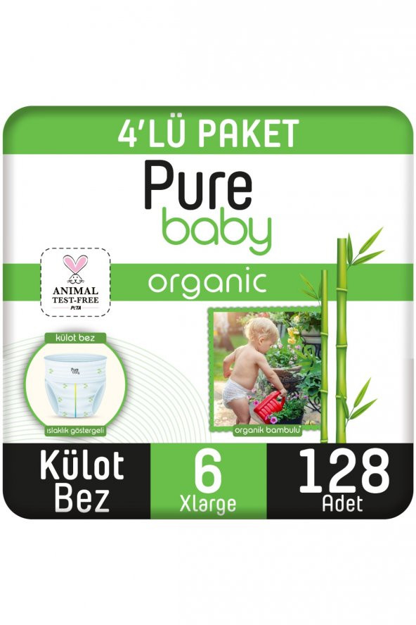 Pure Baby Organik Bambu Özlü Külot Bez 4Lü Paket 6 Numara Xlarge 128 Adet