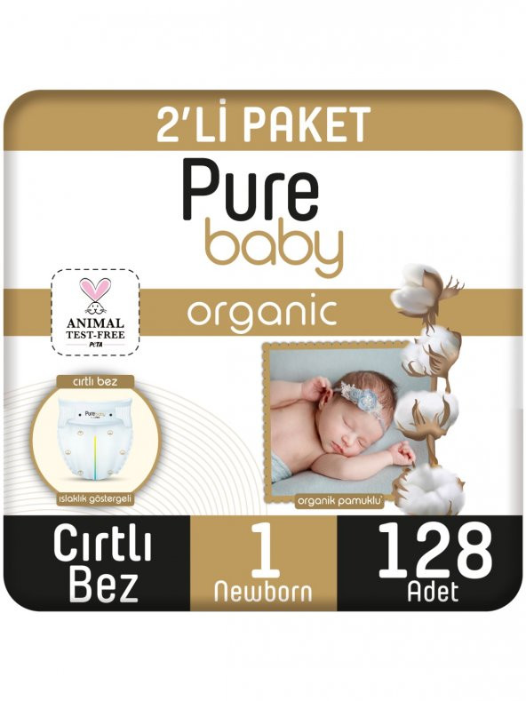 Pure Baby Organik Pamuklu Cırtlı Bez Pure Baby 2li Paket 1 Numara Yenidogan 128 Adet