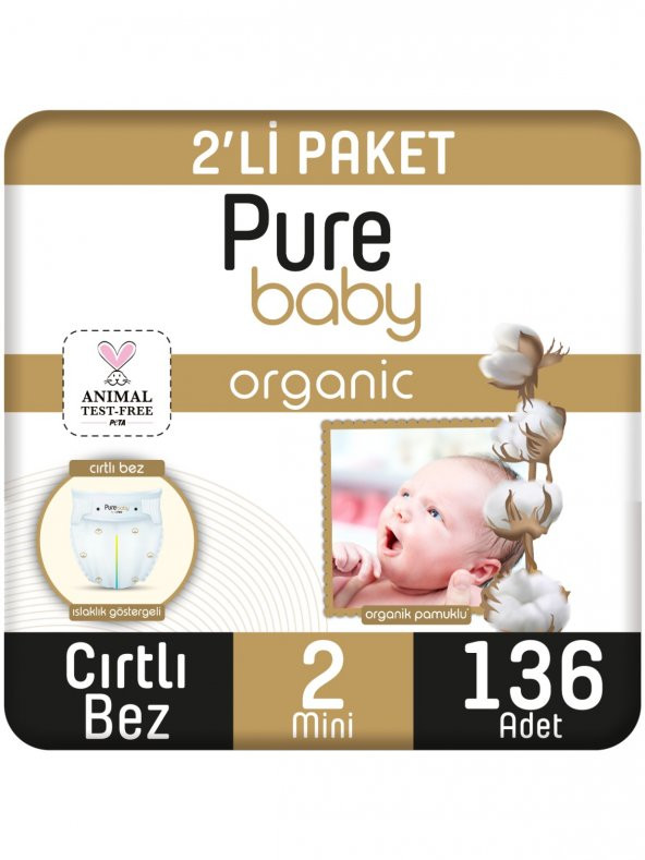 Pure Baby Organik Pamuklu Cırtlı Bez Pure Baby 2li Paket 2 Numara Mini 136 Adet