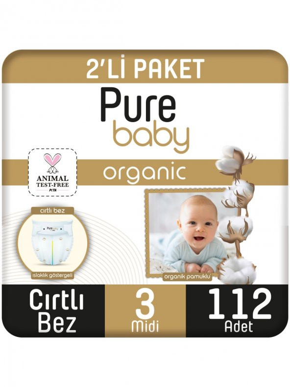 Pure Baby Organik Pamuklu Cırtlı Bez Pure Baby 2li Paket 3 Numara Midi 112 Adet