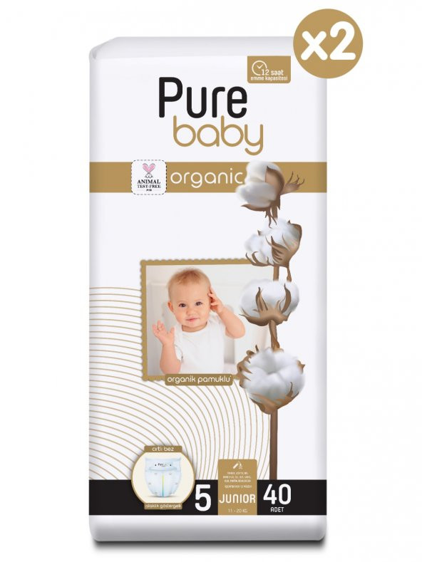 Pure Baby Organik Pamuklu Cırtlı Bez Pure Baby 2li Paket 5 Numara Junior 80 Adet