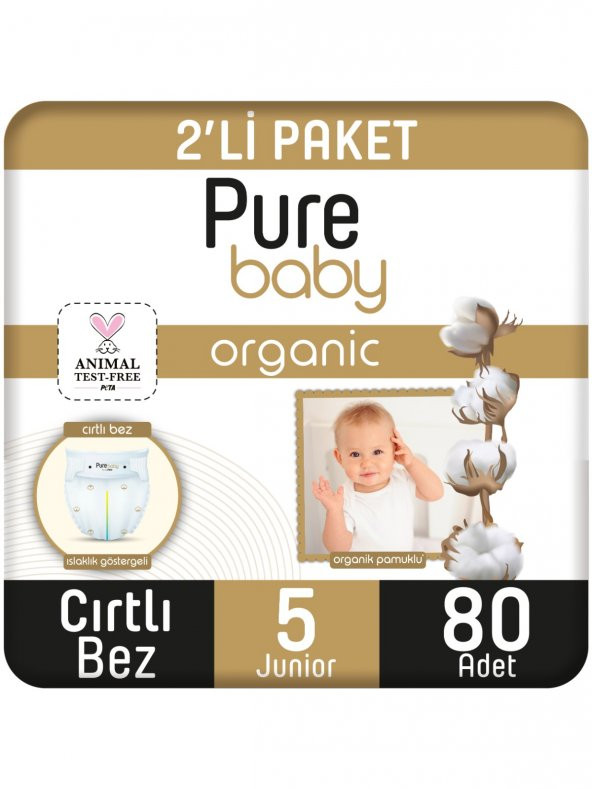 Pure Baby Organik Pamuklu Cırtlı Bez Pure Baby 2li Paket 5 Numara Junior 80 Adet ürün görseli