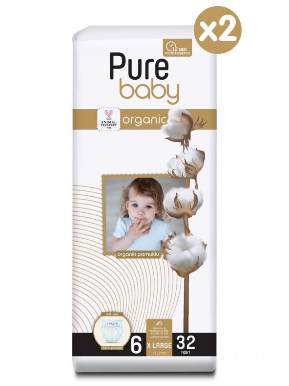 Pure Baby Organik Pamuklu Cırtlı Bez Pure Baby 2li Paket 6 Numara Xlarge 64 Adet