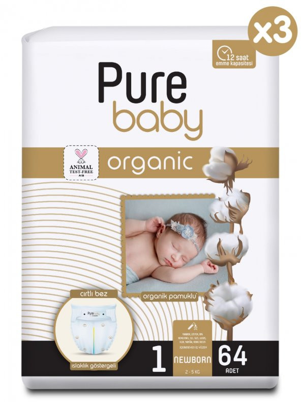 Pure Baby Organik Pamuklu Cırtlı Bez 3Lü Paket 1 Numara Yenidogan 192 Adet