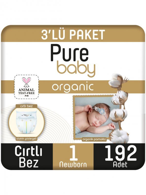Pure Baby Organik Pamuklu Cırtlı Bez 3Lü Paket 1 Numara Yenidogan 192 Adet