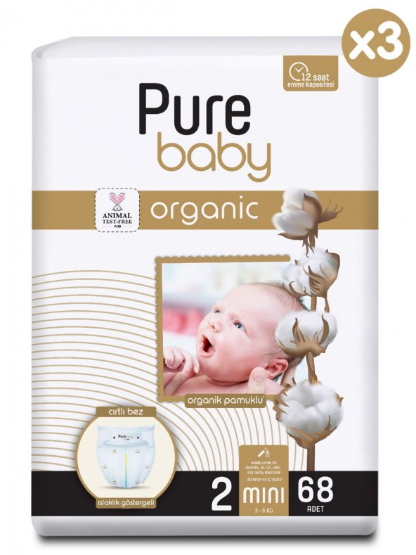 Pure Baby Organik Pamuklu Cırtlı Bez 3Lü Paket 2 Numara Mini 204 Adet - 2