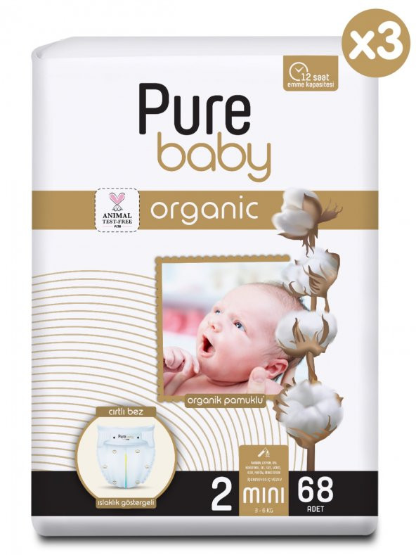 Pure Baby Organik Pamuklu Cırtlı Bez 3Lü Paket 2 Numara Mini 204 Adet