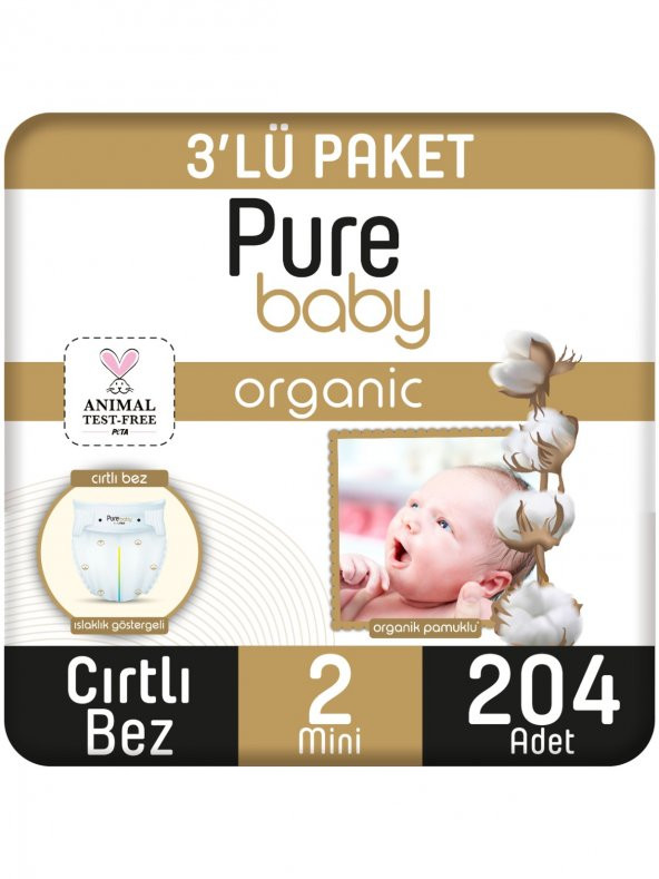 Pure Baby Organik Pamuklu Cırtlı Bez 3Lü Paket 2 Numara Mini 204 Adet