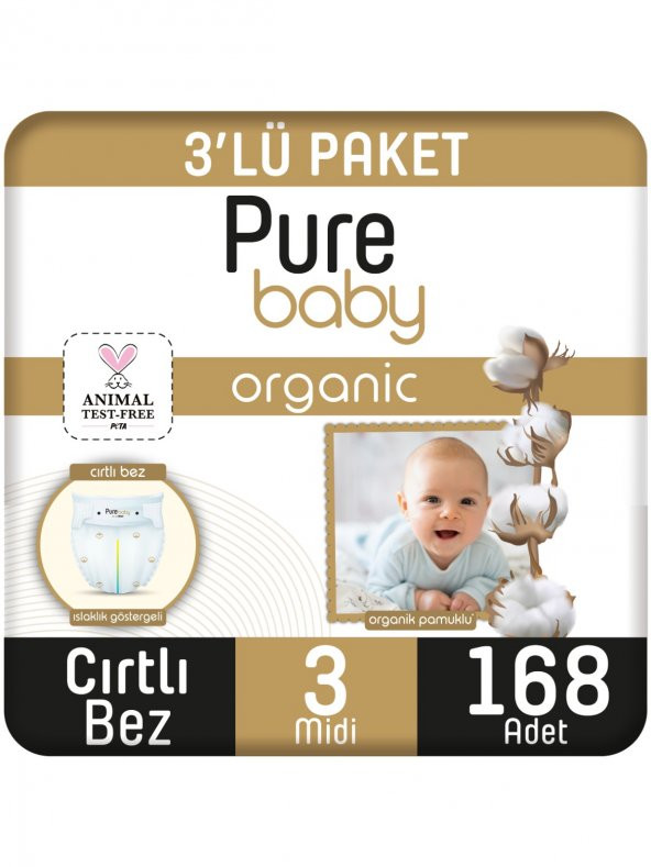 Pure Baby Organik Pamuklu Cırtlı Bez 3Lü Paket 3 Numara Midi 168 Adet