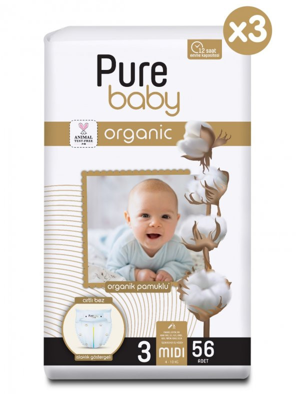 Pure Baby Organik Pamuklu Cırtlı Bez 3Lü Paket 3 Numara Midi 168 Adet - 2