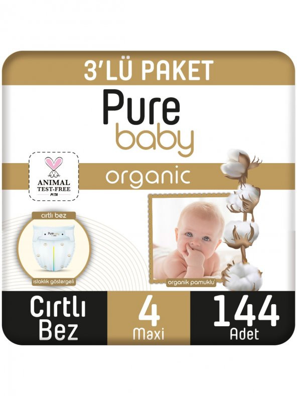 Pure Baby Organik Pamuklu Cırtlı Bez 3Lü Paket 4 Numara Maxi 144 Adet - 2