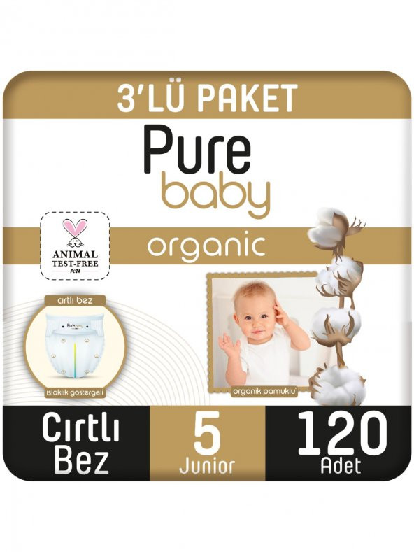 Pure Baby Organik Pamuklu Cırtlı Bez 3Lü Paket 5 Numara Junior 120 Adet