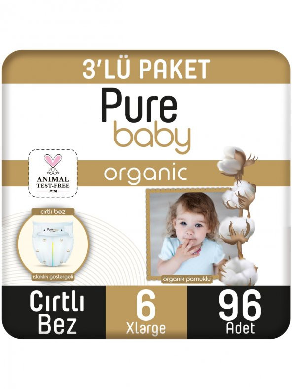 Pure Baby Organik Pamuklu Cırtlı Bez 3Lü Paket 6 Numara Xlarge 96 Adet