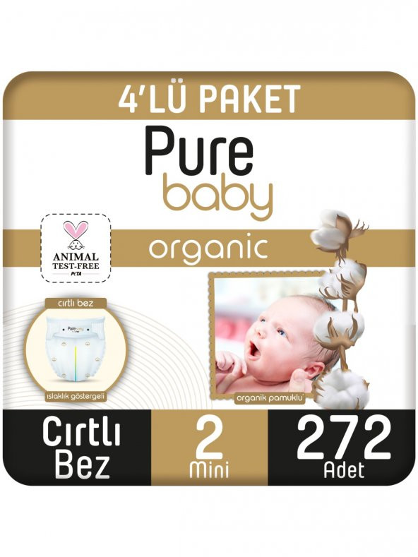 Pure Baby Organik Pamuklu Cırtlı Bez Pure Baby 4lü  Paket 2 Numara Mini 272 Adet
