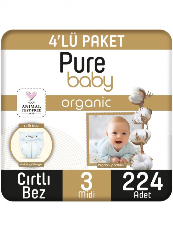 Pure Baby Organik Pamuklu Cırtlı Bez Pure Baby 4lü  Paket 3 Numara Midi 224 Adet