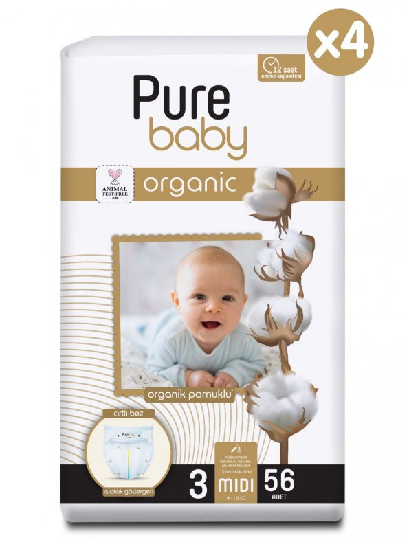 Pure Baby Organik Pamuklu Cırtlı Bez Pure Baby 4lü  Paket 3 Numara Midi 224 Adet - 2