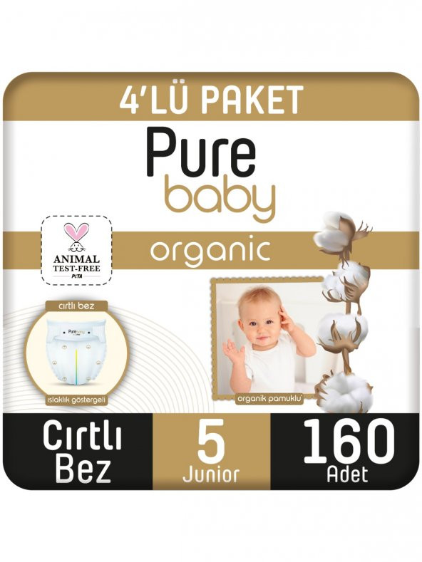 Pure Baby Organik Pamuklu Cırtlı Bez Pure Baby 4lü  Paket 5 Numara Junior 160 Adet