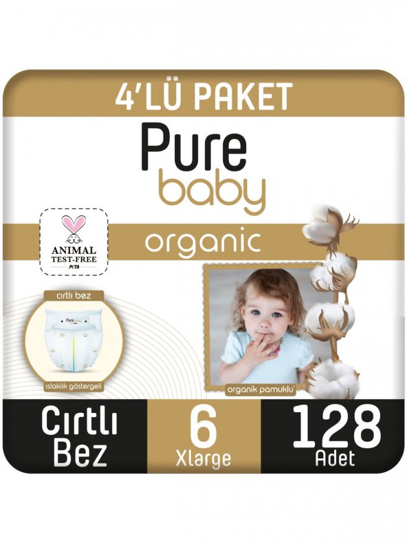 Pure Baby Organik Pamuklu Cırtlı Bez Pure Baby 4lü  Paket 6 Numara Xlarge 128 Adet