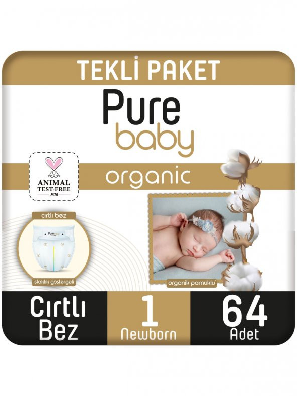 Pure Baby Organik Pamuklu Cırtlı Bez Tekli Paket 1 Numara Yenidogan 64 Adet