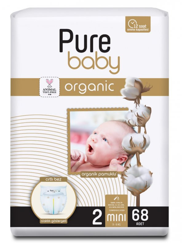 Pure Baby Organik Pamuklu Cırtlı Bez Tekli Paket 2 Numara Mini 68 Adet