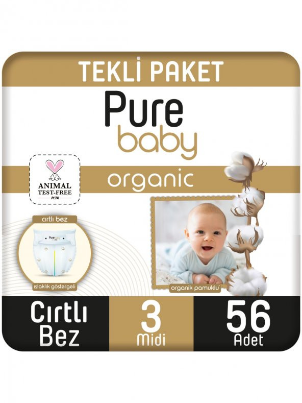 Pure Baby Organik Pamuklu Cırtlı Bez Tekli Paket 3 Numara Midi 56 Adet