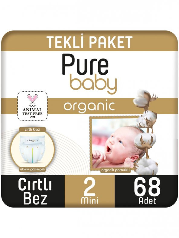 Pure Baby Organik Pamuklu Cırtlı Bez Tekli Paket 2 Numara Mini 68 Adet - 4