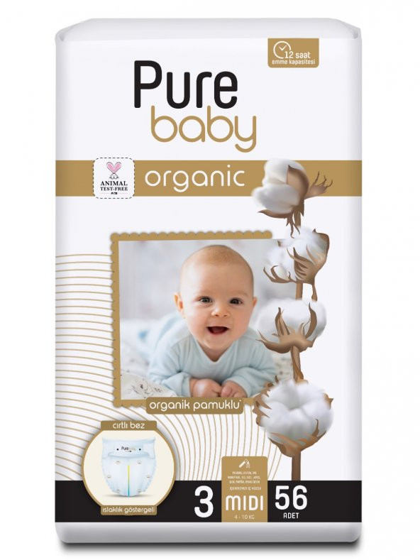 Pure Baby Organik Pamuklu Cırtlı Bez Tekli Paket 3 Numara Midi 56 Adet - 2