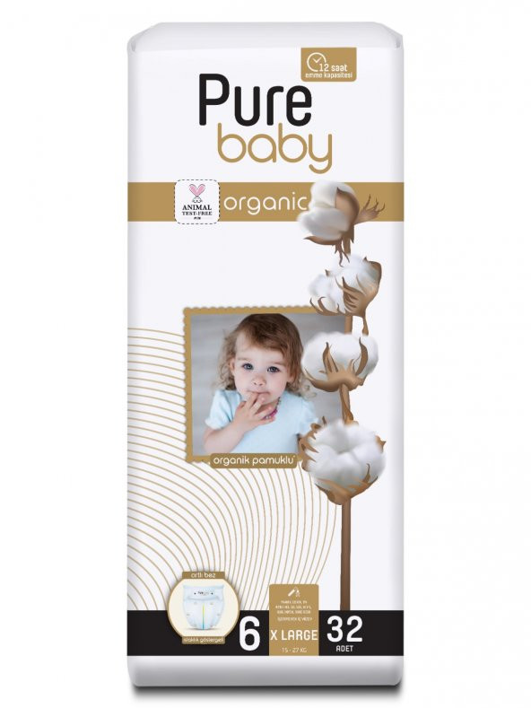 Pure Baby Organik Pamuklu Cırtlı Bez Tekli Paket 6 Numara Xlarge 32 Adet - 2