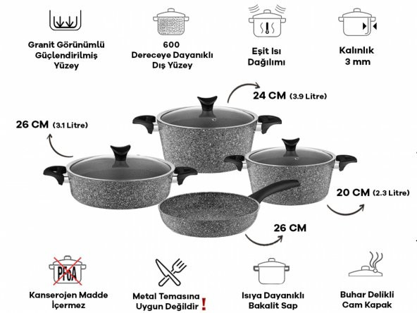 Taç Master Cook 4Lü 7 Parça Granit Tencere Seti Gri - 2