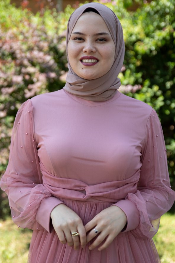 Kolu İncili Tesettür Abiye Elbise - Pudra - 2