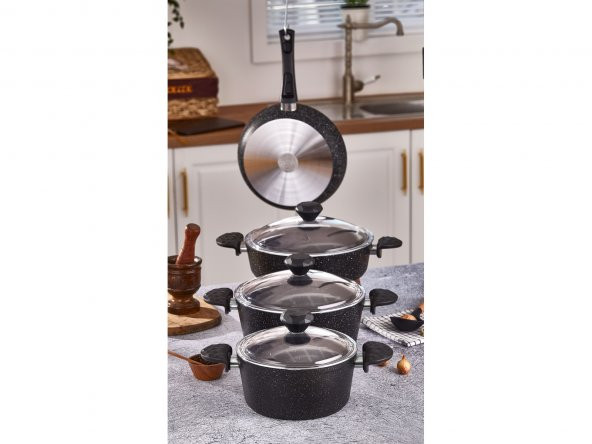 Taç Stone 7 Parça Granit Tencere Seti Siyah - 2